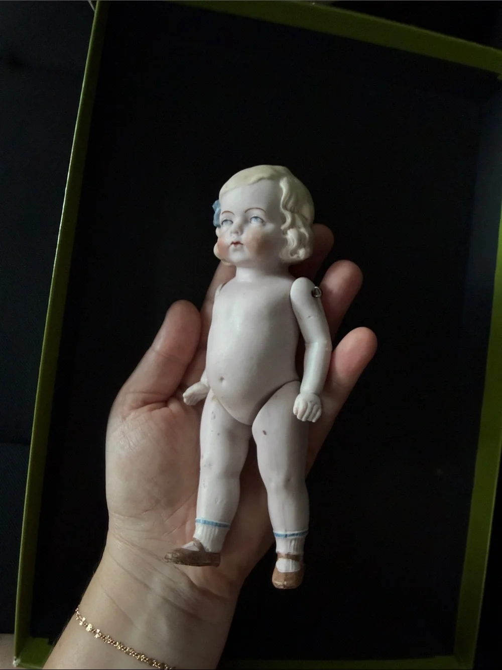 Antique Pudgy Tummy Blue Bow Mignonette or Limbach German Bisque Doll - Picture 2 of 7